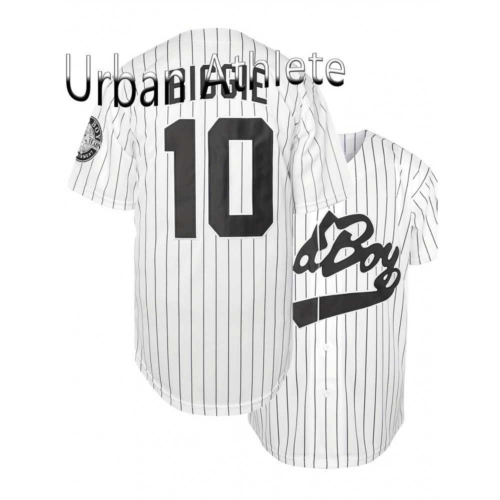 Stitched Men's & Unisex #10 White Baseball Jersey - Embroidered V-Neck Short Sleeve, Breathable Button-Up Sports Uniform with Pinstripes for Training, Competition, Casual & Parties, Athletic Clothing, Sporty Look, Embroidered Detailing