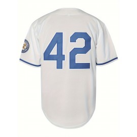 Men's Black Legend & #42 Baseball Jersey T-Shirt - Loose Fit V-Neck Button-Up, Breathable Polyester for Outdoor Sports, Training, Casual Wear & Parties (S-3XL)