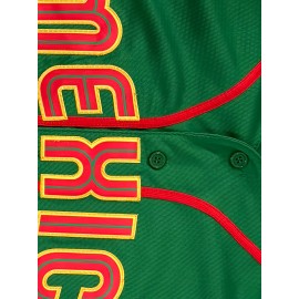 Men's #34 Mexico-Inspired Green Baseball Jersey with Red Letter Embroidery - V-Neck, Short Sleeve, Breathable Polyester, Button-Up Sports Uniform for Training, Competition & Casual Wear