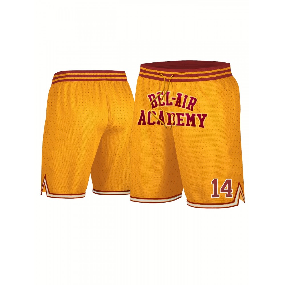 Yellow Pocket Basketball Men'S Sports Shorts # 14 Breathable Letter Embroidered Fashion Street Basketball Shorts