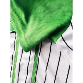 Men's #1 Green & White Striped Baseball Jersey - Breathable Polyester V-Neck Button-Up with 