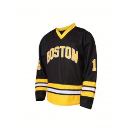 1pc Boston Gilmore #18 Men'S Ice Hockey Jersey - Polyester V-Neck Pullover with Embroidered Lettering - Loose-Fit Sports Top for Casual, Beach, Halloween, Christmas - Knitted Athletic Shirt for Training, Outdoor Activities, Field Sports - S-3XL