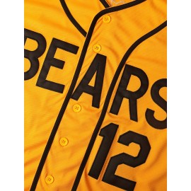 Men's #12 Yellow Bear Baseball Jersey - Retro Sports Training & Casual Wear, S-3XL, Polyester, V-Neck, Button-Up, 