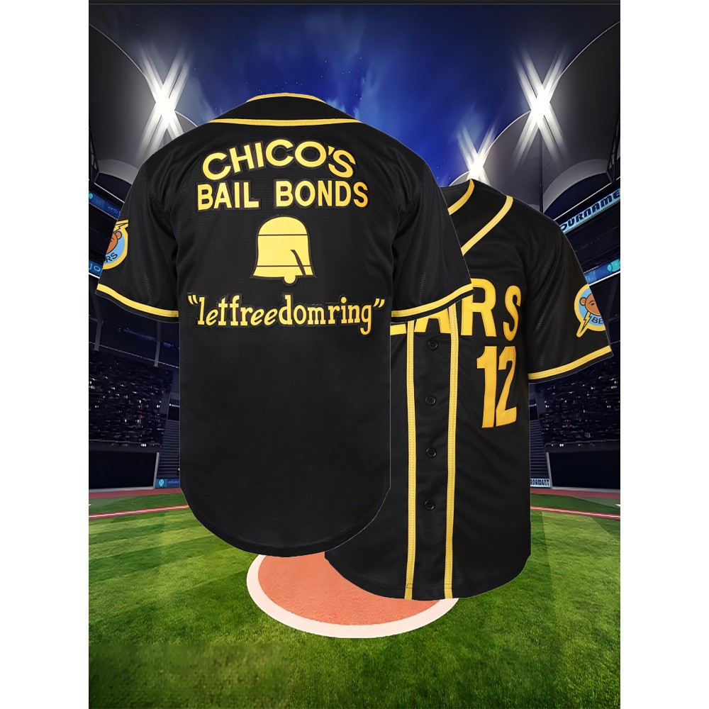 Men's#12 Black Baseball Shirt with Embroidered Alphabet - V-neck, Button, Polyester Fiber, Machine Washable - Perfect for Sports And Casual Wear Men's#12 Black Baseball Shirt with Embroidered Alphabet - V-neck, Button, Polyester Fiber, Machine Washable - Perfect for Sports And Casual Wear