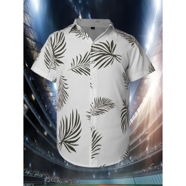 Men's Stylish Green Leaf Print Baseball Shirt - 100% Polyester, V-Neck, Loose Fit for Casual Sports & Parties, S-3XL, Machine Washable, Perfect for Summer Outings, Beach Parties & Outdoor Activities, Best for Christmas