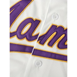 Men'S Letter Embroidery Short Sleeve V-neck Loose Button Up Shirt, Men'S Vintage Summer Baseball Jersey For Party