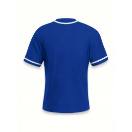 Men's Solid Color Classic Design Baseball Jersey, Men's Blue V-neck Baseball Jersey, Retro Baseball Shirt, Slightly Stretch Breathable Embroidery Button Sports Uniform For Training Competition Party Gifts