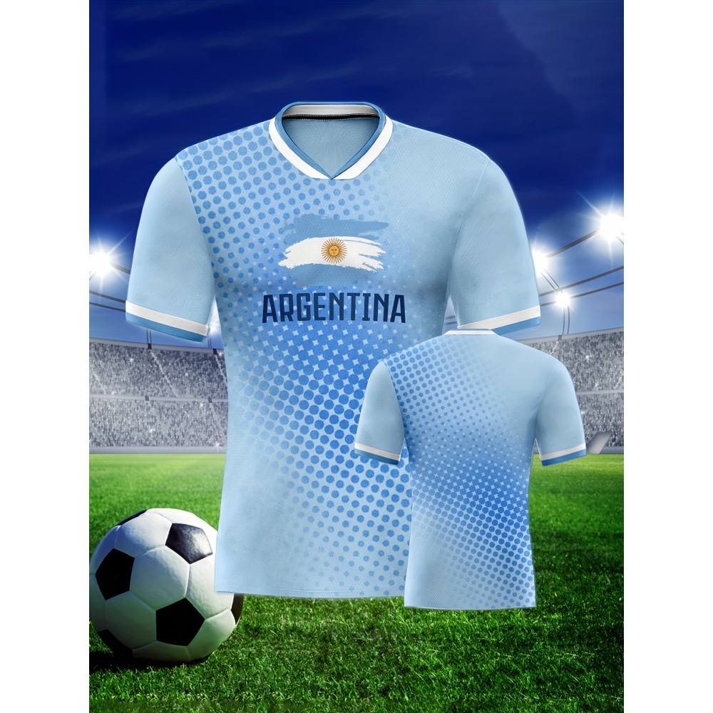 Argentina-Inspired Sun Pattern Sports Soccer Jersey, Fan Edition Shirt With Professional Fabric, Lightweight Breathable Athletic Top For Football Fans Argentina-Inspired Sun Pattern Sports Soccer Jersey, Fan Edition Shirt With Professional Fabric, Lightweight Breathable Athletic Top For Football Fans