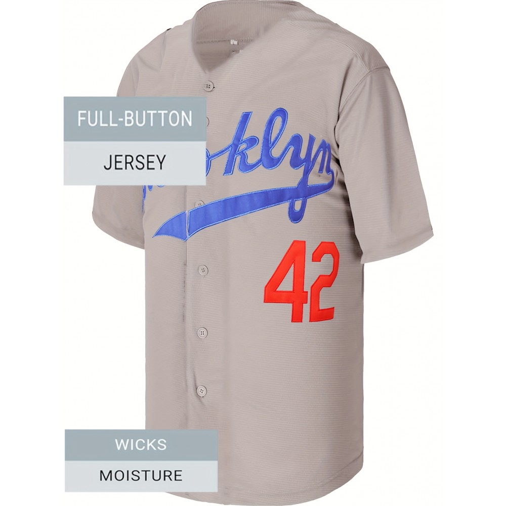 42 Grey Baseball Jersey All Stitched EMbroidery V Neck Short Sleeve Baseball Shirt, Breathable Button-Up Sports Uniform For Training Competition Party 42 Grey Baseball Jersey All Stitched EMbroidery V Neck Short Sleeve Baseball Shirt, Breathable Button-Up Sports Uniform For Training Competition Party