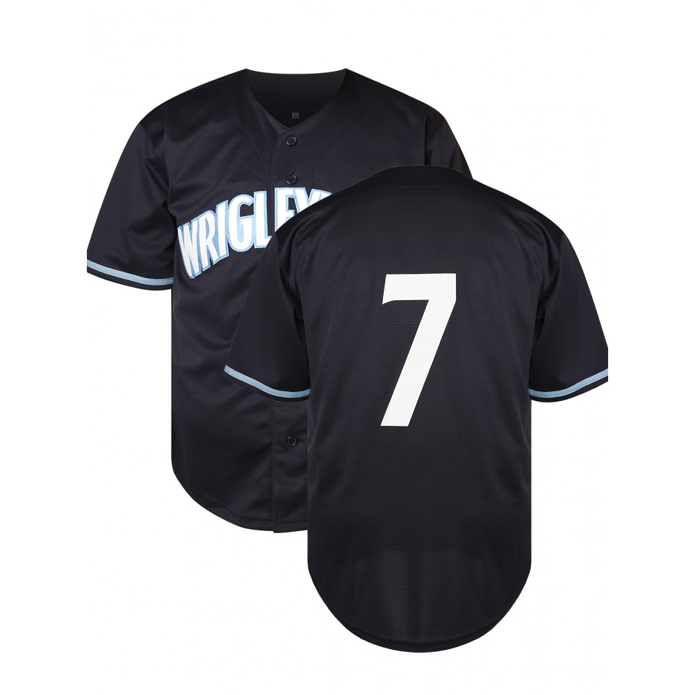 #7 Navy Baseball Jersey Stitched Embroidery V Neck Short Sleeve Baseball Shirt, Breathable Button-Up Sports Uniform for Training Competition Party