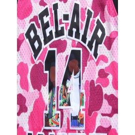 Men's #14 Retro 90s Hip-Hop Basketball Jersey - Pink & White Camo Design, 