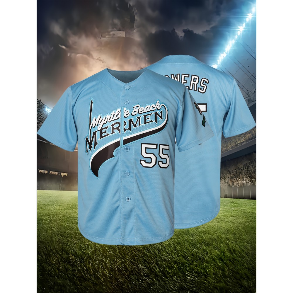 Youth #55 Blue Baseball Jersey - 100% Polyester, V-Neck, Machine Washable, Youth #55 Blue Baseball Jersey - 100% Polyester, V-Neck, Machine Washable,