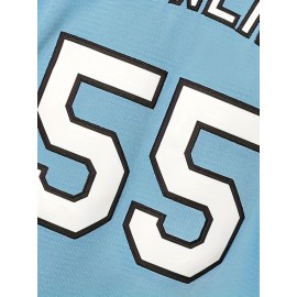 Youth #55 Blue Baseball Jersey - 100% Polyester, V-Neck, Machine Washable, 