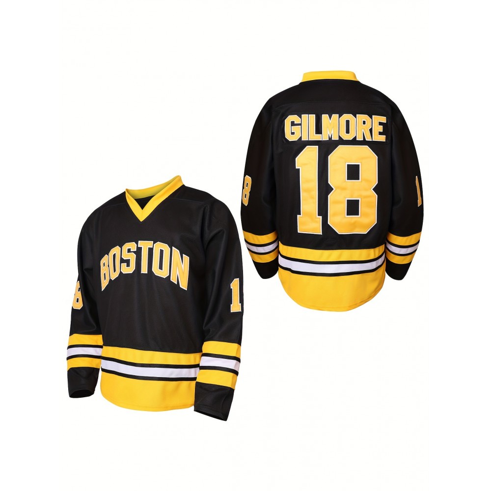 1pc Boston Gilmore #18 Men'S Ice Hockey Jersey - Polyester V-Neck Pullover with Embroidered Lettering - Loose-Fit Sports Top for Casual, Beach, Halloween, Christmas - Knitted Athletic Shirt for Training, Outdoor Activities, Field Sports - S-3XL 1pc Boston Gilmore #18 Men'S Ice Hockey Jersey - Polyester V-Neck Pullover with Embroidered Lettering - Loose-Fit Sports Top for Casual, Beach, Halloween, Christmas - Knitted Athletic Shirt for Training, Outdoor Activities, Field Sports - S-3XL